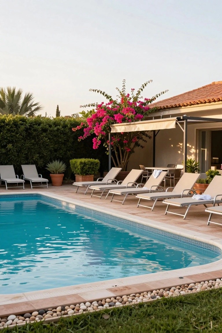 19 Relaxing Stock Tank Pool Ideas For Calm Summer Afternoons Rectangular blue-tiled pool with multiple beige loungers lined up along one edge, potted plants, pink bougainvillea, pebble border, and a house with terrace nearby.