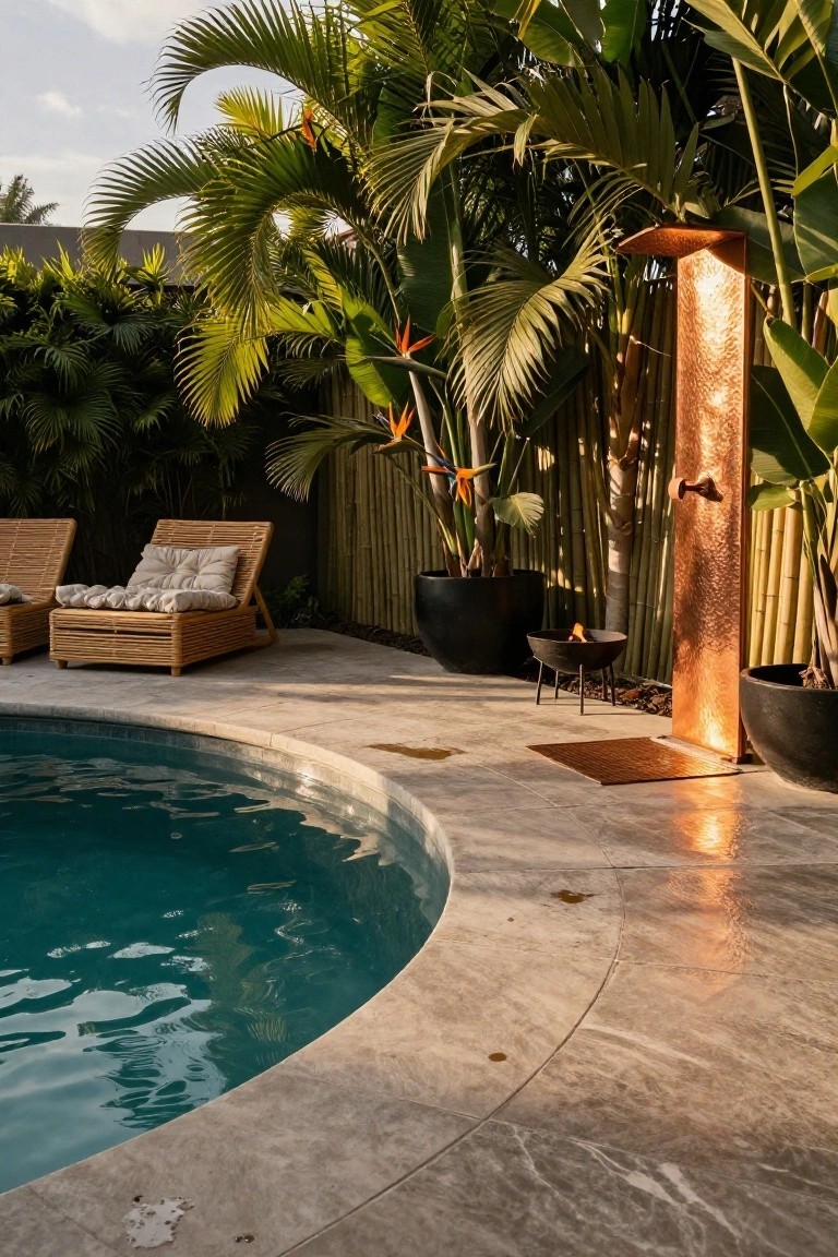 19 Relaxing Stock Tank Pool Ideas For Calm Summer Afternoons Curved turquoise pool edged in gray stone, with a tall copper outdoor shower nearby, rattan loungers, black pots of plants, a fire pit, and lush tropical greenery against a bamboo fence.