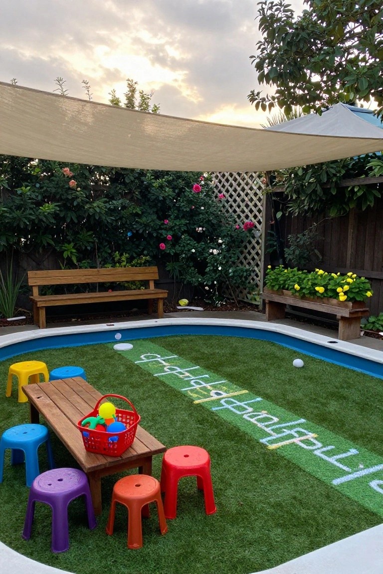 19 Relaxing Stock Tank Pool Ideas For Calm Summer Afternoons Stock tank pool with turquoise edging and green artificial turf floor painted with white Hangul characters, surrounded by colorful plastic stools and a wooden table with red basket of balls, wooden benches, plants, and beige shade sails in a backyard garden.