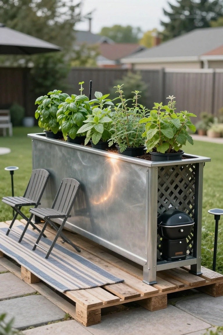 19 Relaxing Stock Tank Pool Ideas For Calm Summer Afternoons Galvanized metal stock tank planter filled with basil and mint in black pots, elevated on a metal frame with a small black grill stored underneath, placed on wooden pallets in a backyard with small gray folding chairs, garden lights, and potted plants nearby.
