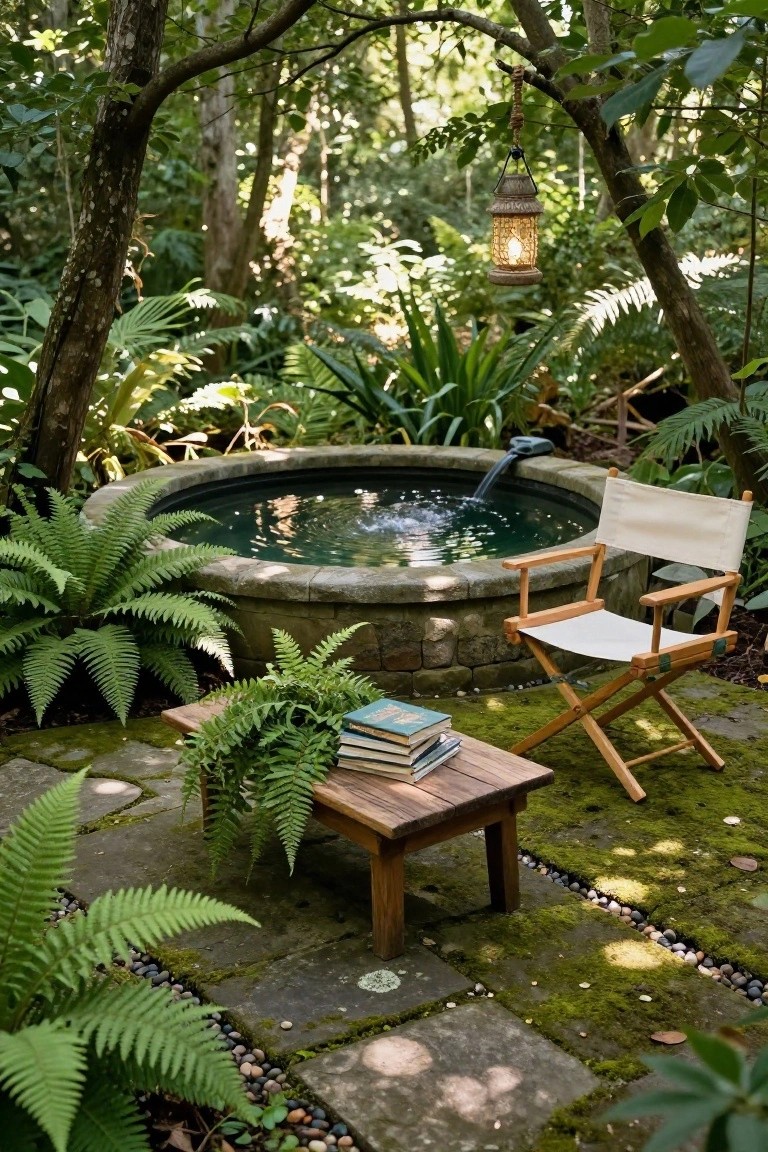19 Relaxing Stock Tank Pool Ideas For Calm Summer Afternoons Circular stone-lined pool with green water and fountain in lush garden surrounded by ferns and trees, wooden director's chair next to small table with stacked books, and hanging lantern from tree branch.