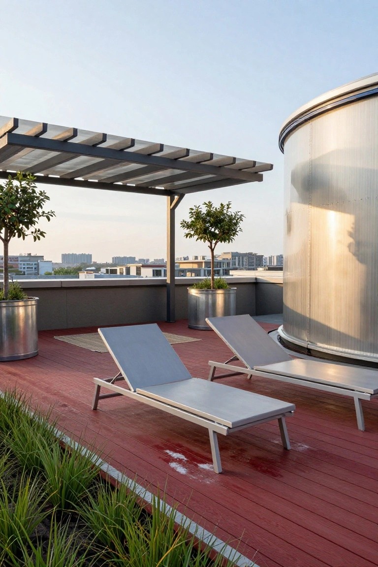 19 Relaxing Stock Tank Pool Ideas For Calm Summer Afternoons Rooftop deck with red wood flooring, two gray lounge chairs, large cylindrical metal tank, potted plants and trees, pergola structure, and city buildings in the background at dusk.