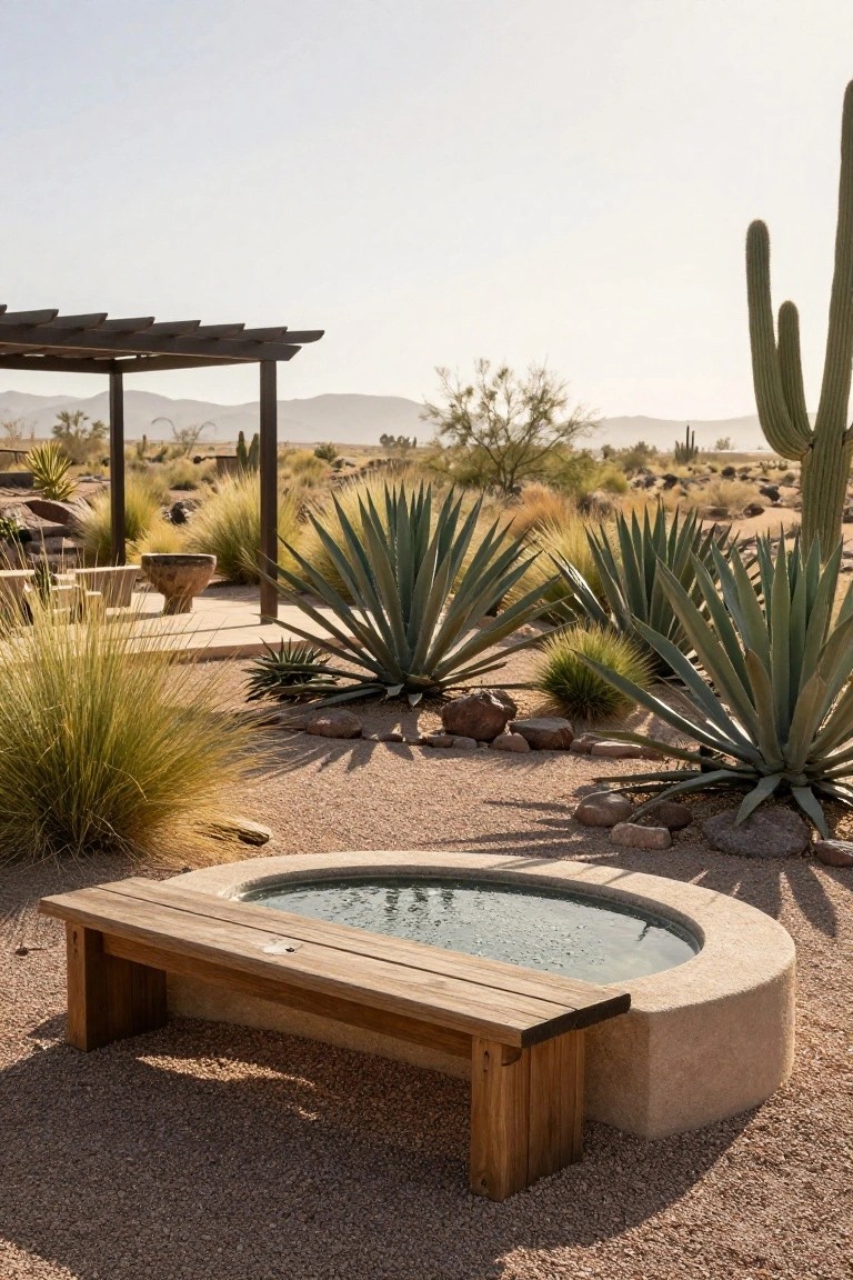 19 Relaxing Stock Tank Pool Ideas For Calm Summer Afternoons Wooden bench positioned next to a small round stucco pool in a desert yard with agave plants, cacti, gravel ground, and a pergola structure in the background.