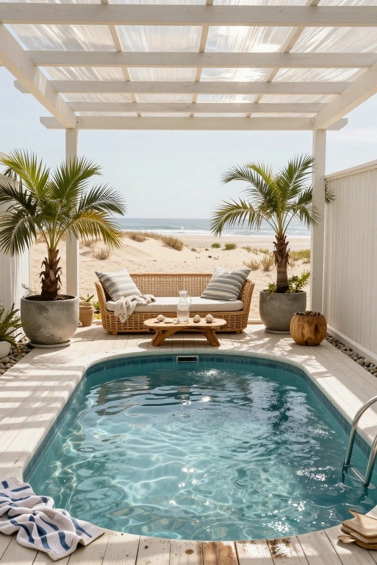 19 Relaxing Stock Tank Pool Ideas For Calm Summer Afternoons Small turquoise oval pool next to rattan sofa under translucent white pergola, with potted palms, wood stool, and beach dunes visible beyond white fence.