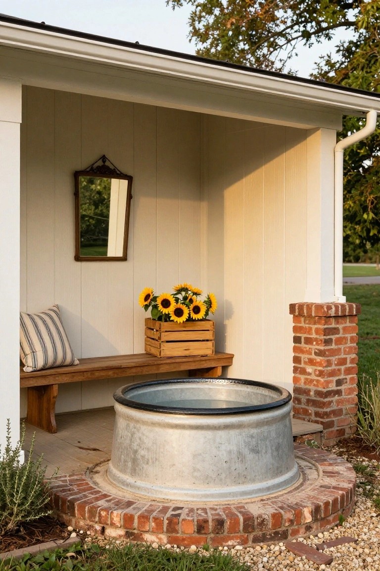 19 Relaxing Stock Tank Pool Ideas For Calm Summer Afternoons Galvanized stock tank pool on a brick base under a white board-and-batten porch shelter featuring a wooden bench with cushion, wooden crate of sunflowers, antique mirror, and gravel landscaping.