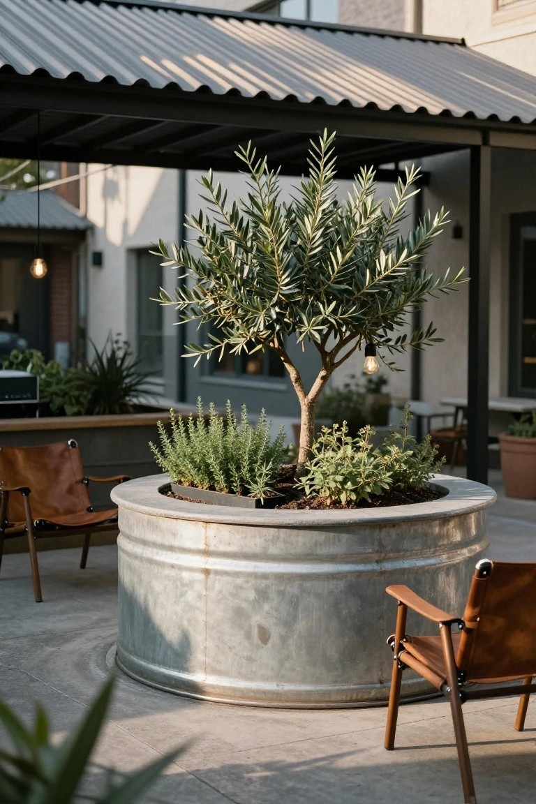 19 Relaxing Stock Tank Pool Ideas For Calm Summer Afternoons Galvanized stock tank planter filled with an olive tree and herbs on a concrete patio, surrounded by leather chairs under a metal-roofed structure with pendant lights.