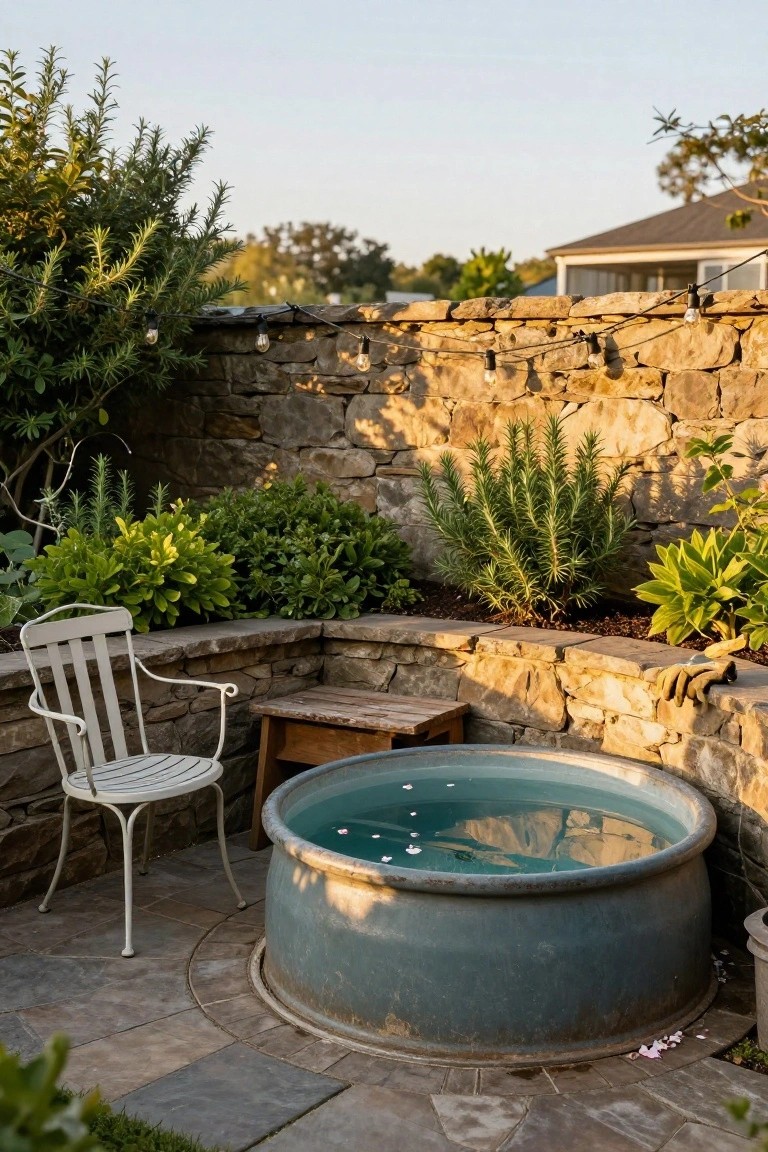 19 Relaxing Stock Tank Pool Ideas For Calm Summer Afternoons A round blue stock tank pool sits in a paved outdoor patio against a tall stone wall lined with plants and string lights, with a white metal chair, wooden stool, and garden gloves nearby.
