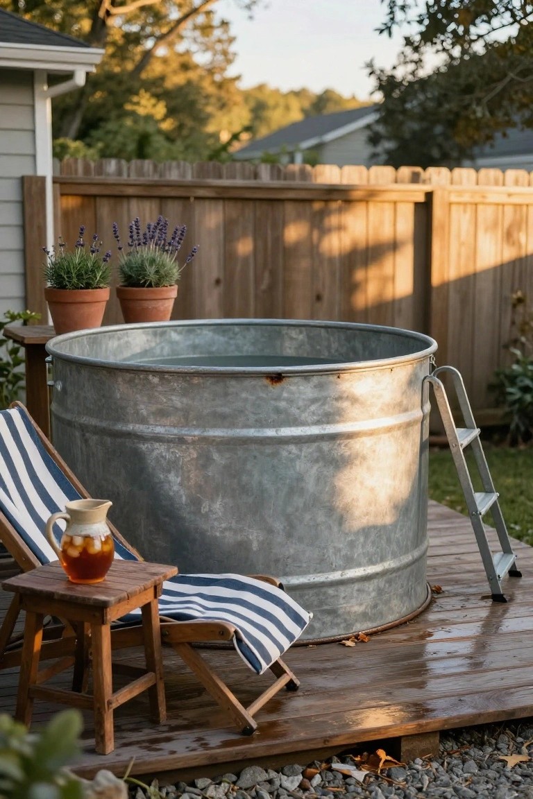 19 Relaxing Stock Tank Pool Ideas For Calm Summer Afternoons Galvanized stock tank pool filled with water on a wooden deck with a metal ladder, surrounded by potted plants, a lounge chair, small table, and pitcher of iced tea.