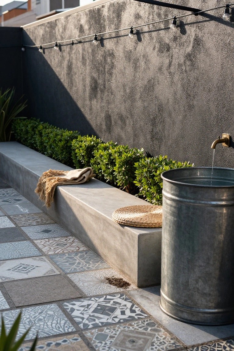 19 Relaxing Stock Tank Pool Ideas For Calm Summer Afternoons Galvanized metal tub filling with water from a brass wall faucet next to a concrete bench topped with a woven mat, throw blanket, and plants along a dark stucco wall on a patterned tile patio.