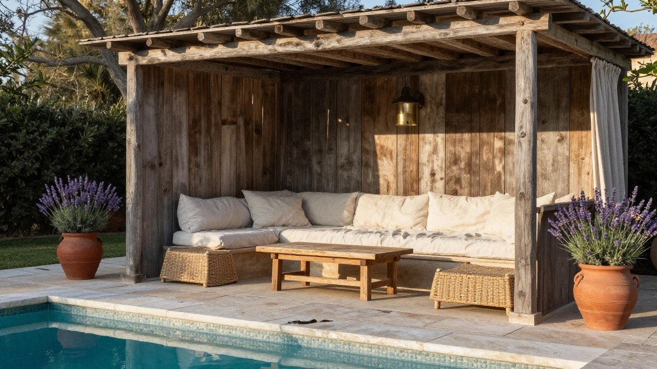 Rustic wooden cabana with draped beige curtains, outdoor daybed sofa with beige pillows, wooden coffee table, terracotta pots with lavender plants, and turquoise pool edged in stone tiles.