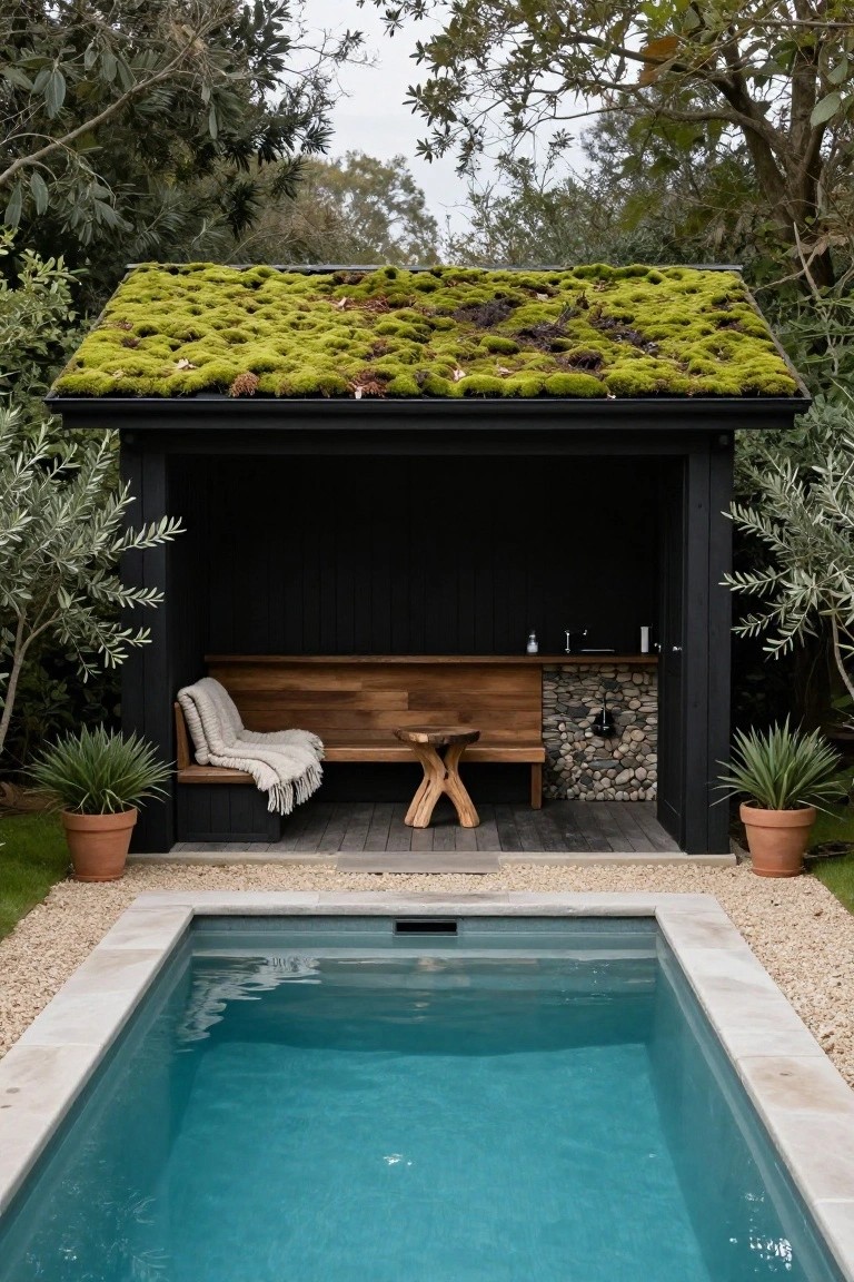 Black wooden pool cabana with lush green moss-covered roof, wooden bench with blanket, small table, sink against stone backsplash, olive trees and agave plants on sides, next to rectangular blue pool with light stone coping and pebble surround.