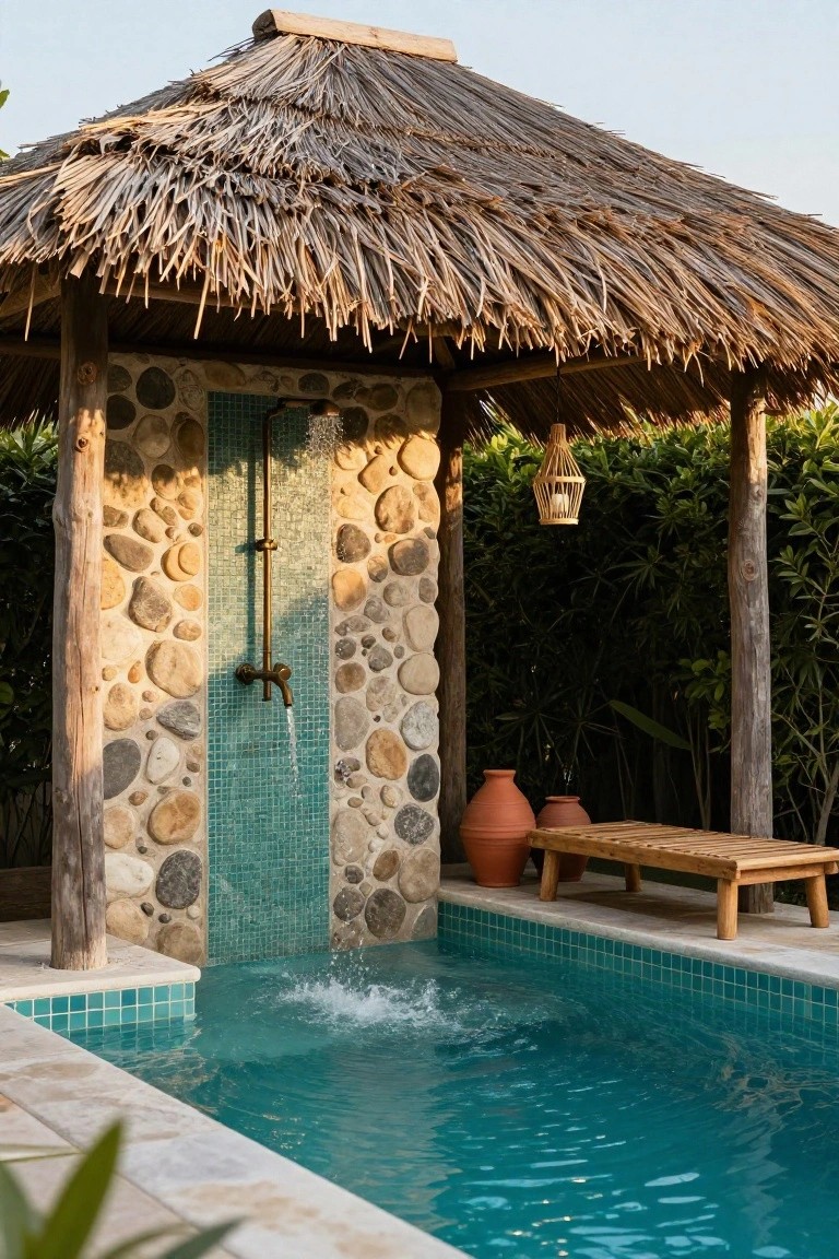 Rustic outdoor pool cabana with thatched roof, pebble stone walls containing a brass showerhead and teal mosaic tiles over a small turquoise pool, wooden posts, hanging lantern, bench, and terracotta pots amid greenery.
