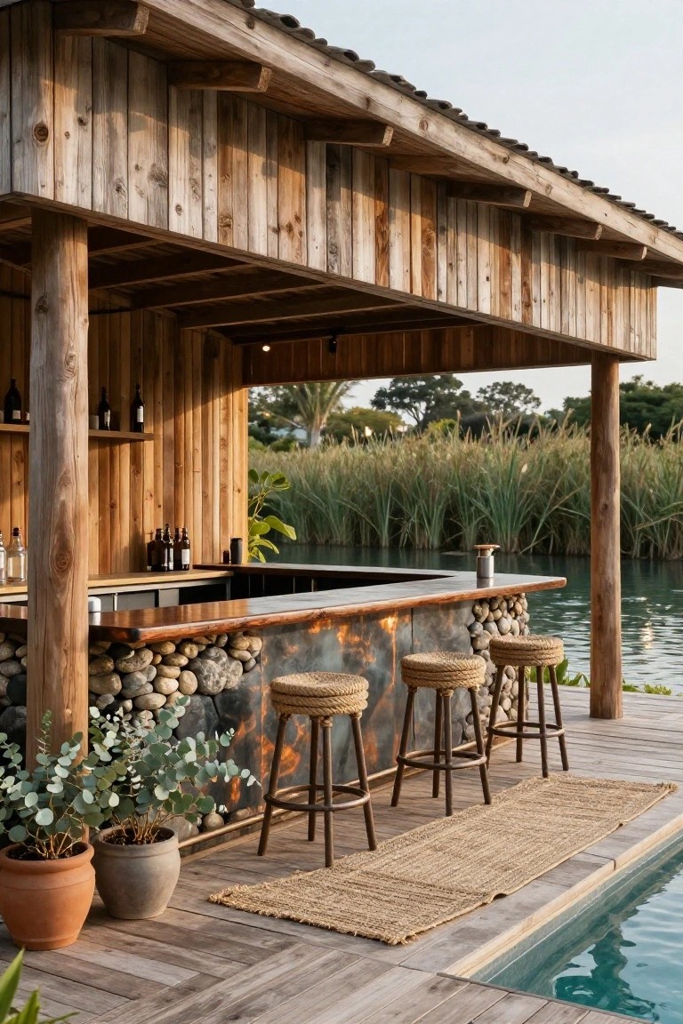 Wooden pool cabana bar structure with river rock wall base under a metal-topped counter, rattan stools, potted plants, and seagrass rug on a deck beside a pool and lagoon.