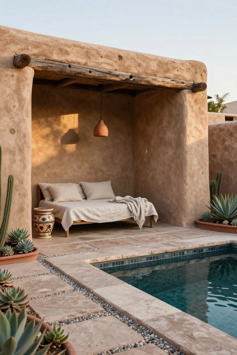 Rustic adobe cabana alcove with wooden daybed, pillows, throw blanket, terracotta pots of succulents and cacti, tiled pool edge, and gravel paths.
