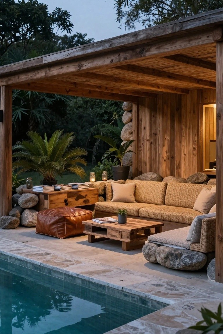 Wooden pool cabana with large boulders integrated into walls and base, rattan sofa and chairs, wooden tables, potted plants, lanterns, and turquoise pool edged in stone tiles.