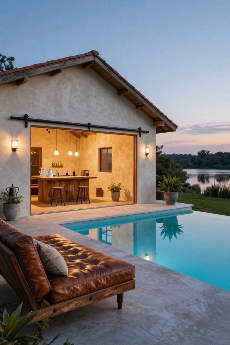 Rustic stucco pool cabana with open sliding barn door revealing wooden bar stools and shelves inside, next to an infinity-edge pool and leather daybed on a stone deck, with lake view at dusk.