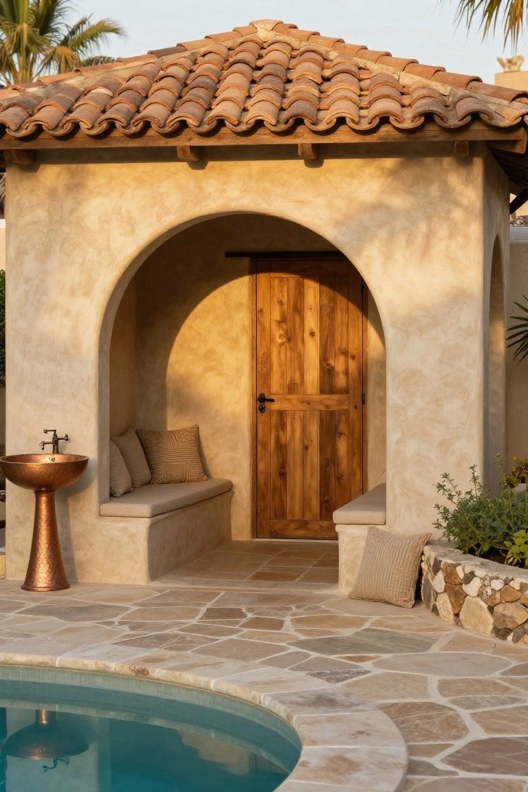 Beige stucco pool cabana with terracotta tile roof, arched wooden door entry, built-in cushioned bench, copper pedestal sink with faucet, stone paver flooring, plants, rock wall, and curved turquoise pool edge.