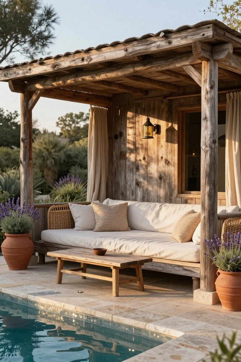 Rustic wooden cabana with draped beige curtains, outdoor daybed sofa with beige pillows, wooden coffee table, terracotta pots with lavender plants, and turquoise pool edged in stone tiles.