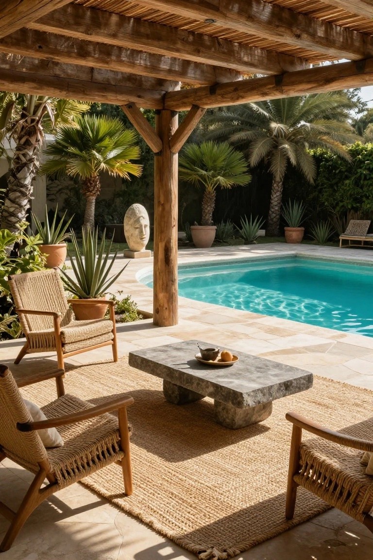 Poolside cabana under thatched wood roof with rattan armchairs around a rectangular stone coffee table on a jute rug, agave plants and palms nearby, turquoise pool in background.