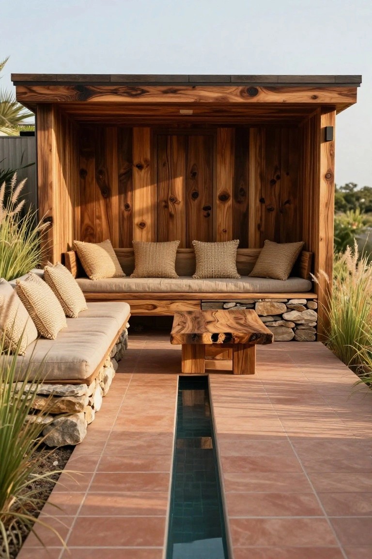 Open wooden cabana structure with L-shaped built-in bench seating on stone base, beige textured pillows, low wooden table, next to narrow pool channel on terracotta tiled path surrounded by pampas grass and rocks.