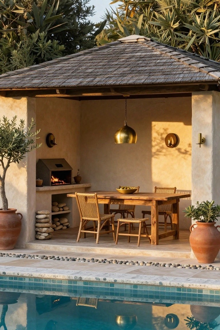 Open-sided stone cabana beside a pool featuring a built-in wood-fired grill, wooden dining table with rattan chairs, hanging gold lantern, terracotta pots with olive trees, and stacked stones and firewood.