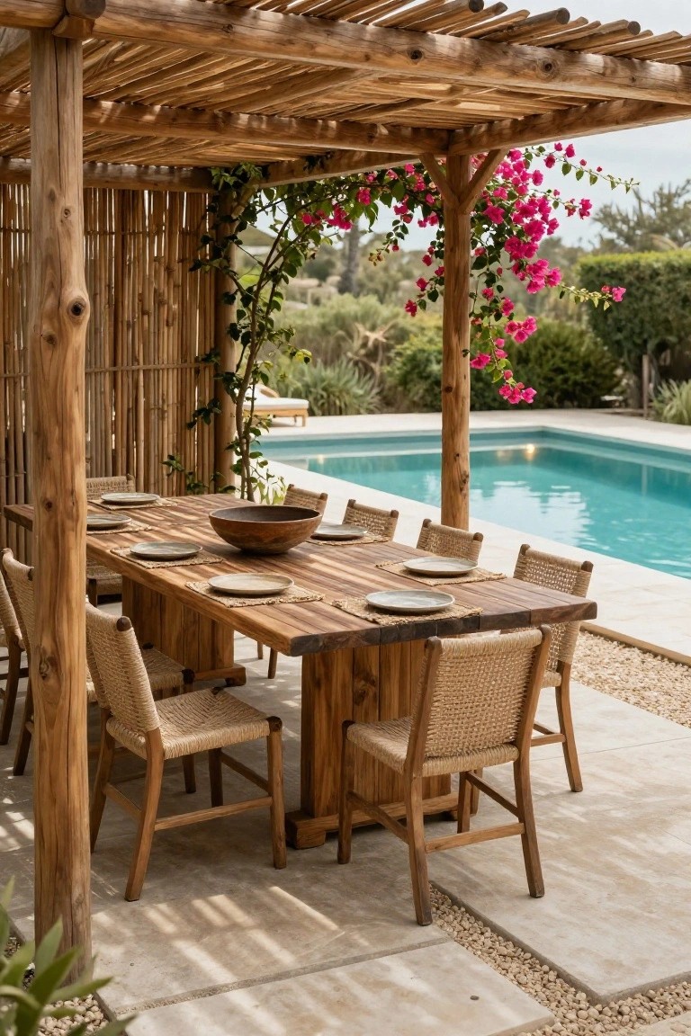 Wooden pergola with slatted roof and bamboo screens enclosing a long dining table set with plates and a bowl, rattan chairs around it, next to an L-shaped turquoise pool with pebble edging and surrounding greenery.