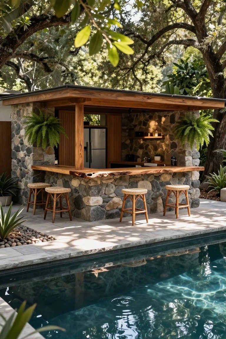 Poolside cabana bar built into gray stone walls under a wooden roof, featuring a live-edge wood countertop, rattan stools, fridge inside, hanging ferns, and surrounding tropical plants next to a rectangular swimming pool.