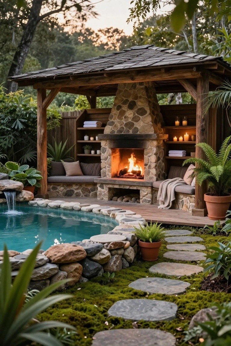 Wooden cabana with sloped roof, stone fireplace, built-in bench seating, potted plants, and stepping stone path leading to curved turquoise pool edged with rocks and greenery.