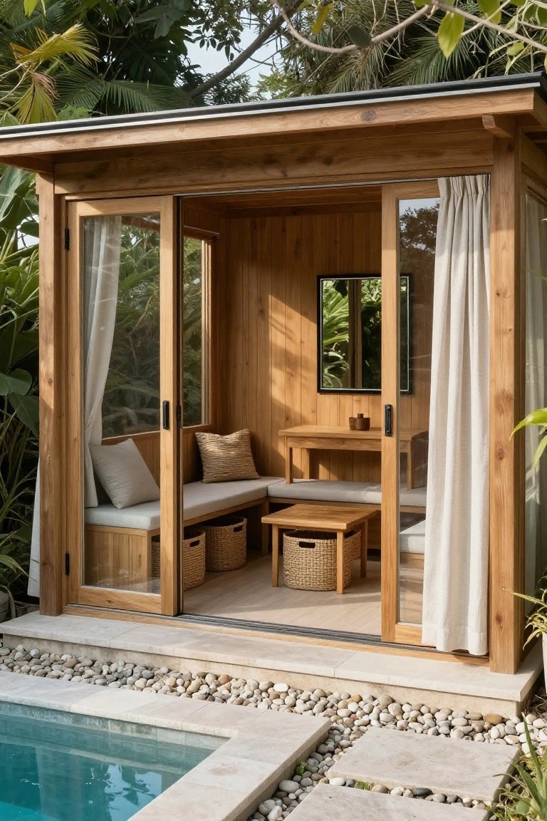 Open wooden cabana with teak walls, built-in benches, small table, rattan baskets, and cushions beside a small pool surrounded by tropical plants and pebble hardscaping.