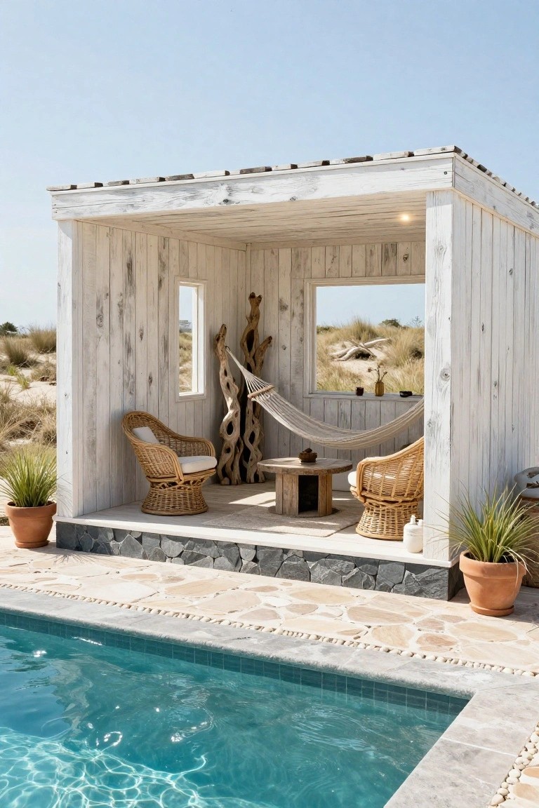 Whitewashed wooden open-air cabana with rattan chairs, low table, hammock, driftwood sculptures, and potted plants beside a turquoise pool edged in stone tiles, with sand dunes visible through a window.