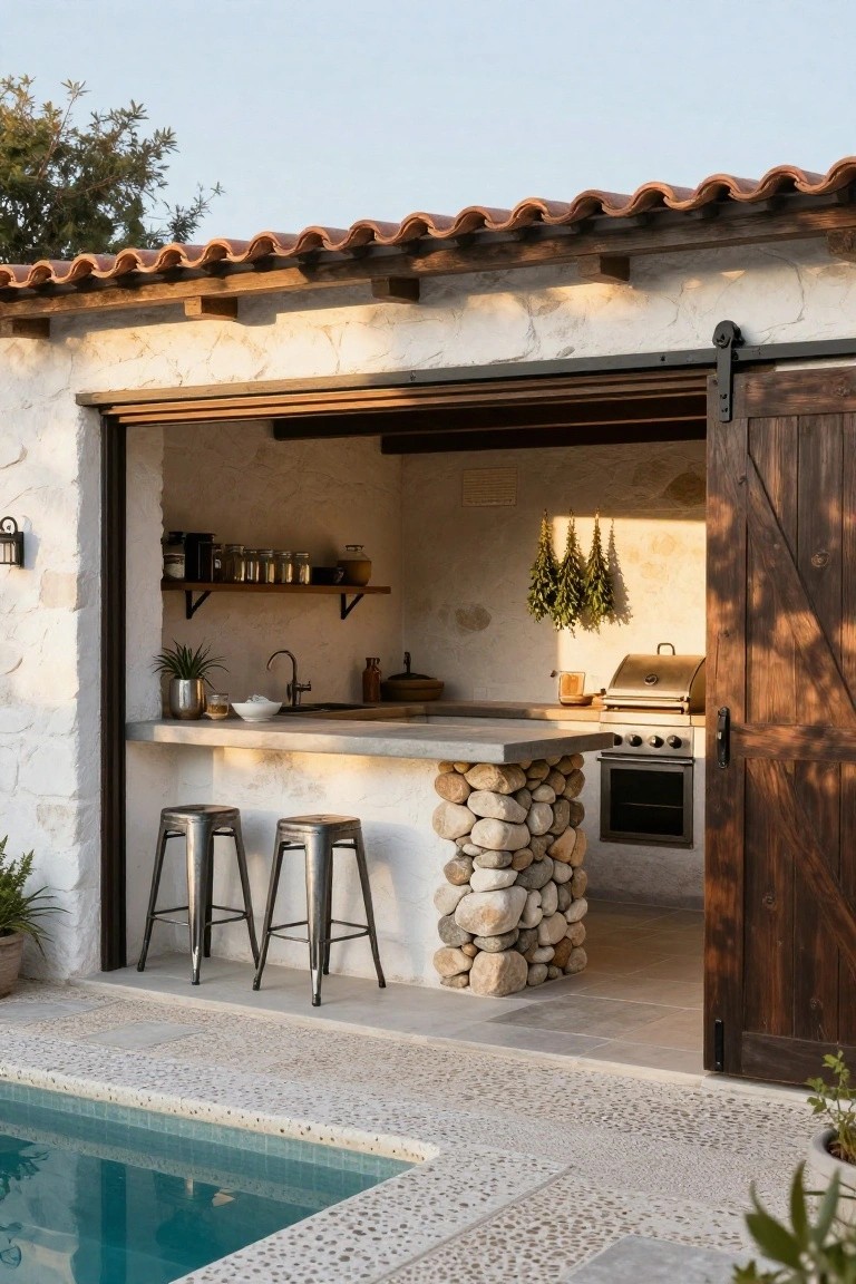 Open-air pool cabana kitchen featuring white stucco walls, terracotta roof, wooden sliding door, concrete bar counter on a river rock pedestal base, metal bar stools, built-in grill and oven, and an adjacent turquoise swimming pool with pebble decking.