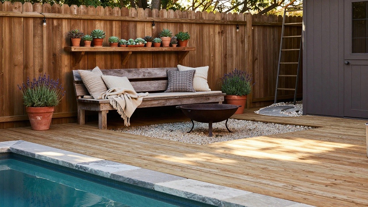 Rustic wooden deck beside a turquoise pool with a black fire bowl on the edge, wooden benches with pillows and throws, potted lavender and succulents, and a gray garden shed against a fence.