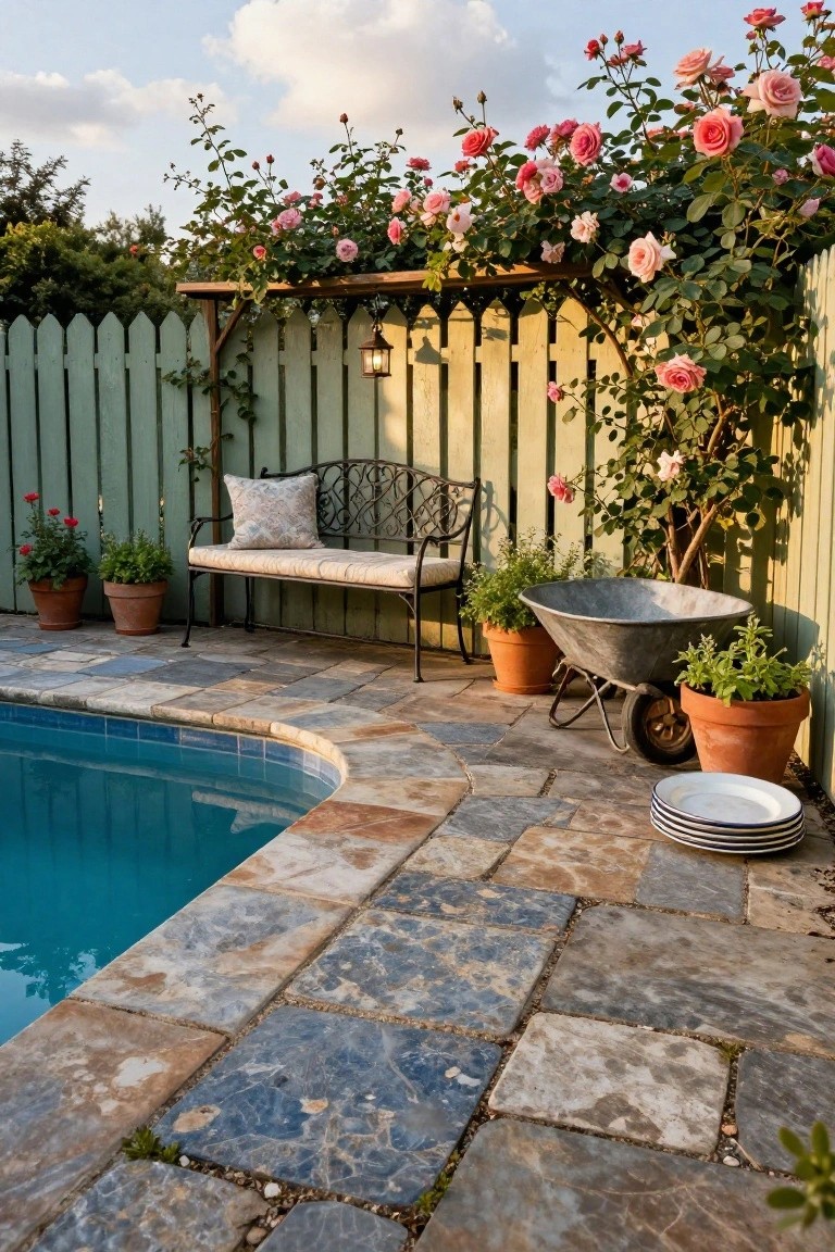 Stone patio with pool, rose-covered bench, and wheelbarrow.