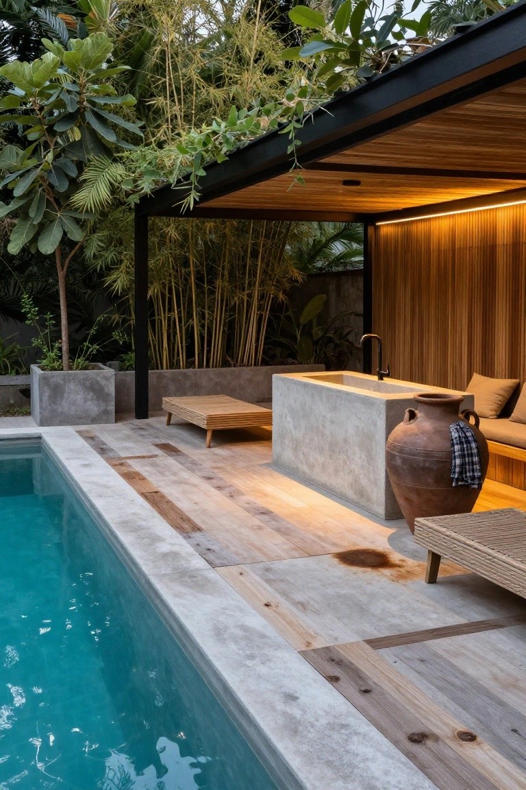 Pool deck area next to a turquoise pool featuring a large rectangular concrete bathtub with matte black wall faucet, wooden low table and cushioned bench, large terracotta pot, bamboo screens, and surrounding tropical plants.