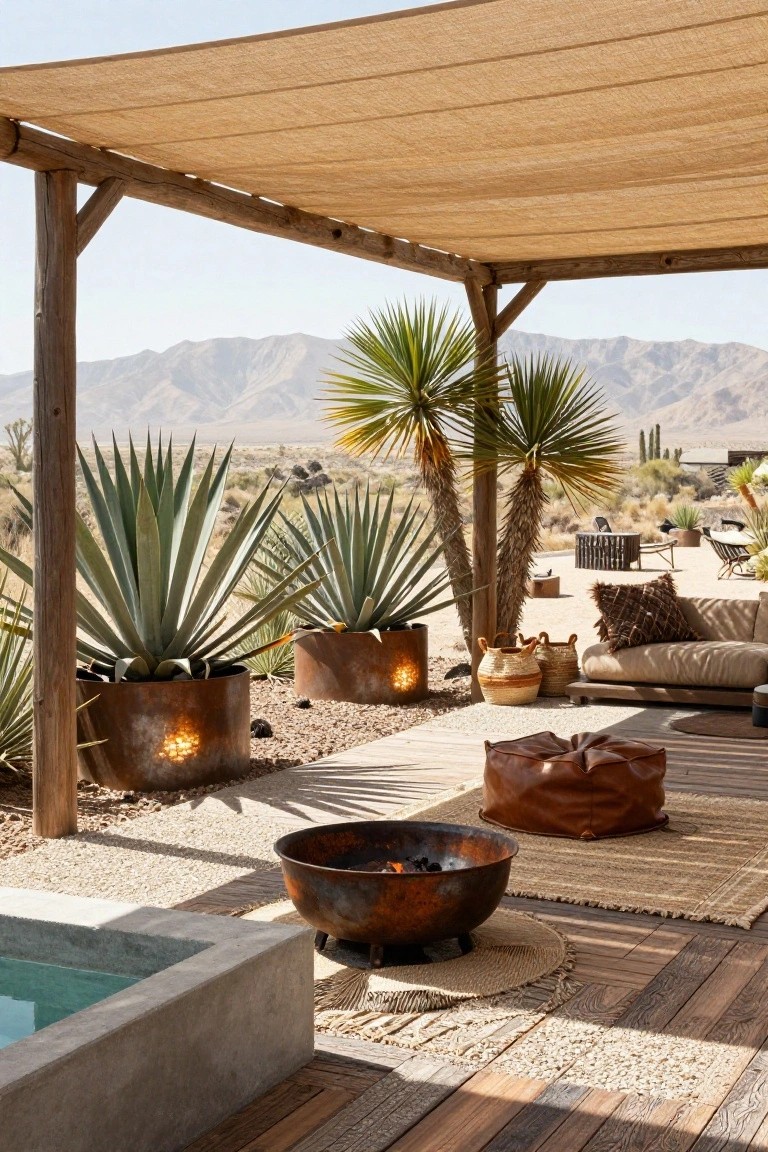 Rustic pool deck under a beige fabric canopy with wooden posts, featuring a central copper fire bowl on a wood floor, surrounded by a sofa, leather pouf, rattan baskets, potted agave plants, gravel ground, and desert mountains in the background.