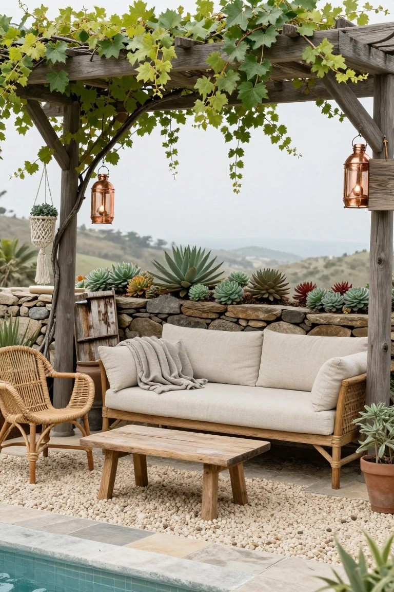 Rustic wooden pergola covered in green vines shading a beige rattan sofa, chair, and wood coffee table on a pebble patio beside a pool, with succulents in stone planters along a low wall.