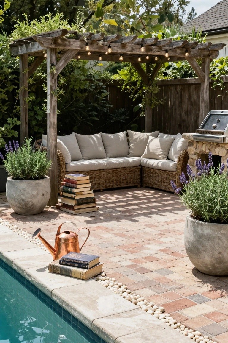 Rustic wooden pergola with string lights over beige L-shaped rattan sofa on brick pool deck, with potted lavender and rosemary plants, copper watering can, stacked books, stone barbecue, and turquoise pool edge with pebble border.
