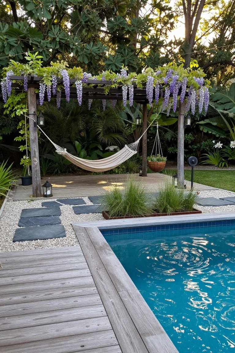 Wooden pergola draped in purple wisteria with a white hammock hanging between posts, beside a light wood deck and blue swimming pool edged with gravel paths and potted grasses.