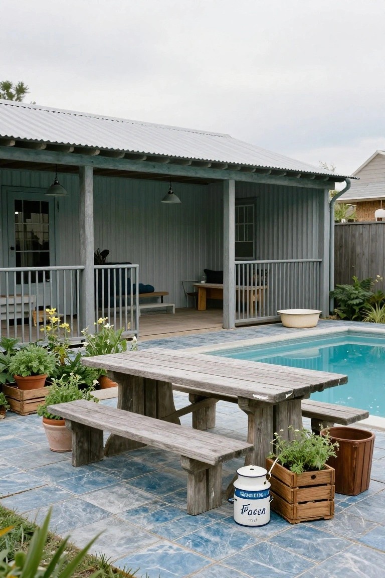 Rustic wooden picnic table and benches on a blue tiled pool deck next to a swimming pool, with potted plants, a white metal milk can, and a covered porch structure in the background.