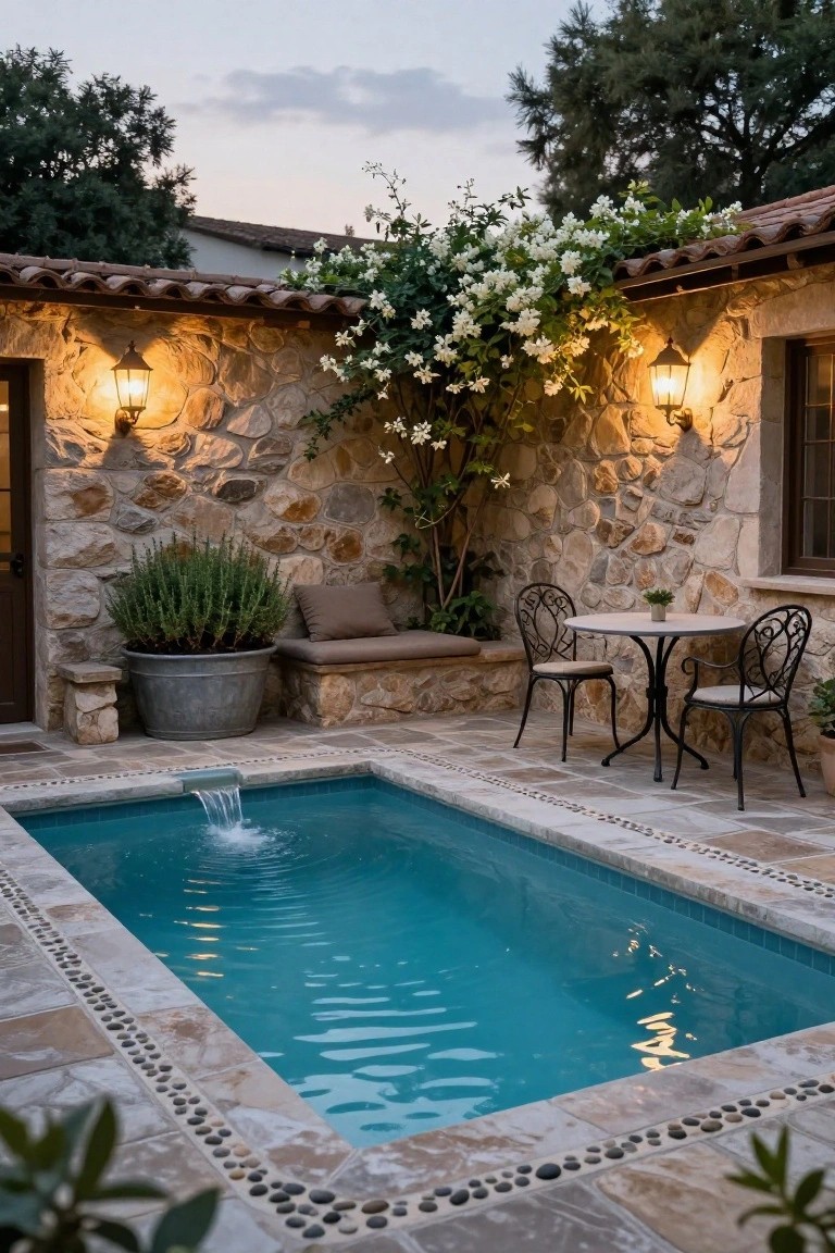 Small rectangular turquoise plunge pool with water feature in a rustic stone-walled courtyard, surrounded by tiled deck with pebble borders, a bistro table with two chairs, potted plants, and wall lanterns.