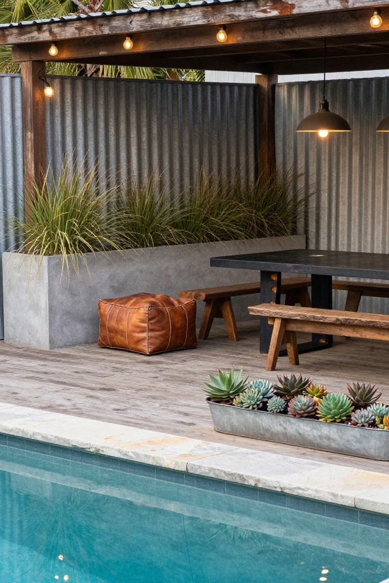Wooden pergola-covered pool deck area with corrugated metal walls, concrete planters filled with tall grasses, black metal table with wooden benches, orange leather pouf, metal trough of succulents, string lights, pendant lamps, and turquoise pool edge.