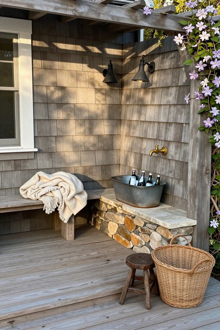 Outdoor deck corner with shingled wall, wooden bench holding folded cream blanket and galvanized tub filled with bottled drinks under brass faucet, black lanterns mounted above, wooden stool and wicker basket on gray deck boards.