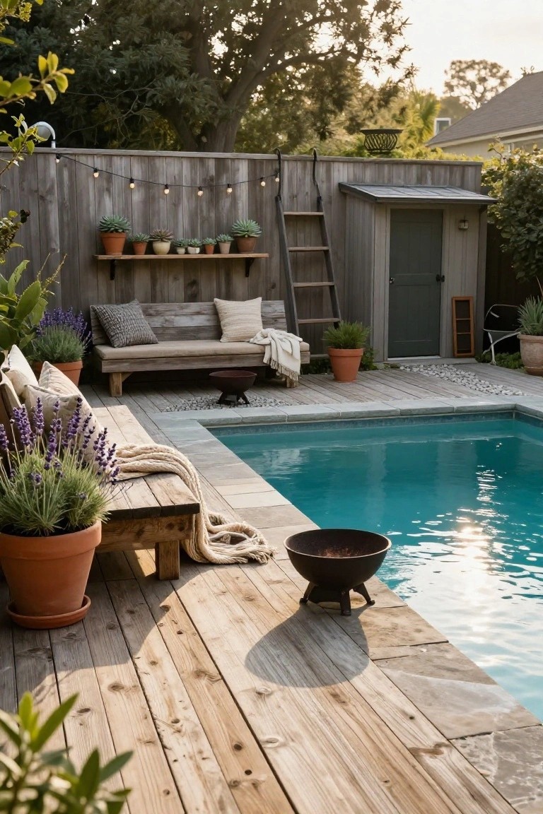 Rustic wooden deck beside a turquoise pool with a black fire bowl on the edge, wooden benches with pillows and throws, potted lavender and succulents, and a gray garden shed against a fence.