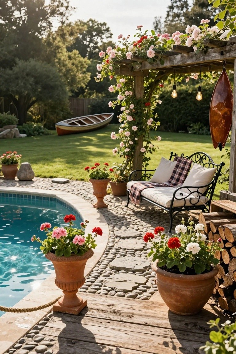 Garden patio with pool, rose-covered pergola, bench, and potted flowers.