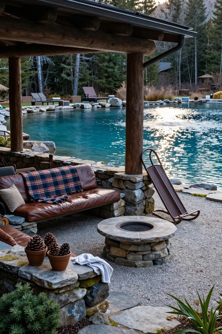 Rustic outdoor lounge under wooden beams with brown leather sofa draped in plaid blanket, circular stone fire pit on gravel patio, terracotta pots with pine cones, and turquoise pool edged in rocks amid trees and mountains.