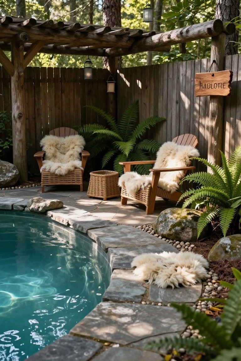 Rustic wooden pergola sheltering two Adirondack chairs with white sheepskin rugs, beside a curved turquoise pool edged in stone pavers, rocks, and ferns, with a wooden sign reading "Håløtie" on a fence.