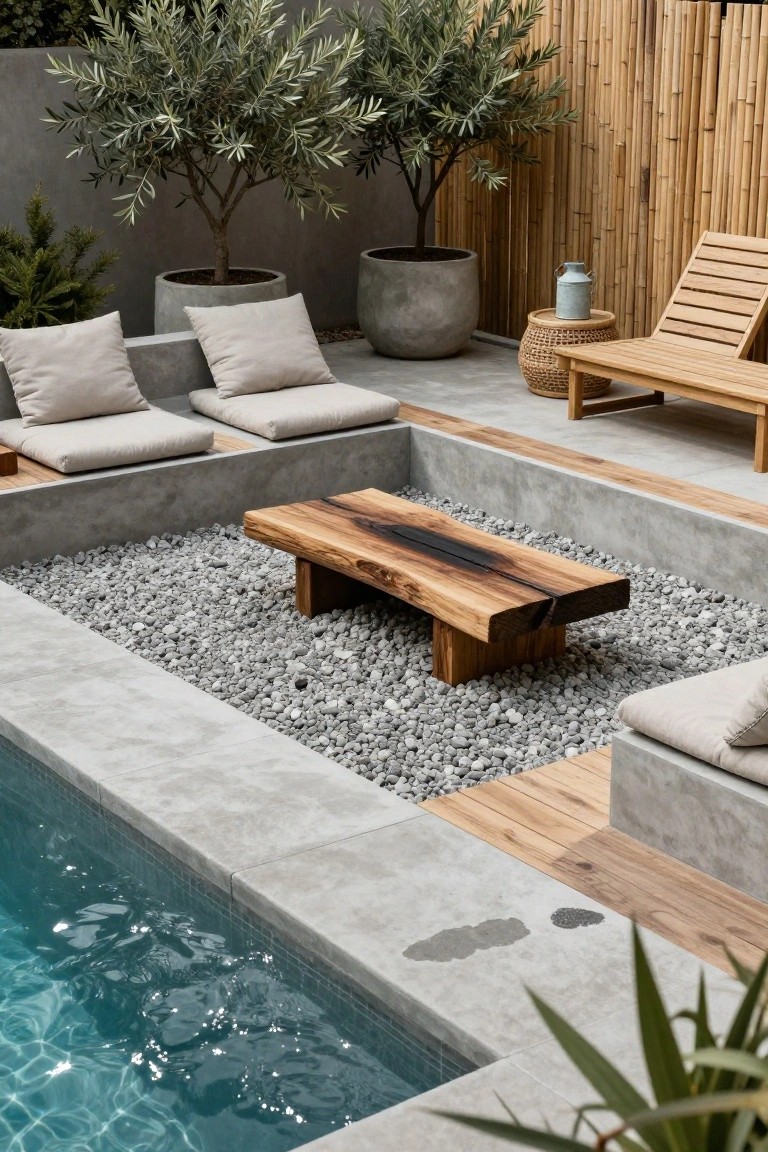 Poolside outdoor lounge with gray gravel in a rectangular concrete trough containing a live-edge wooden coffee table, beige cushions on low built-in seats, potted olive trees, bamboo fencing, teak lounge chair, and edge of a turquoise pool.