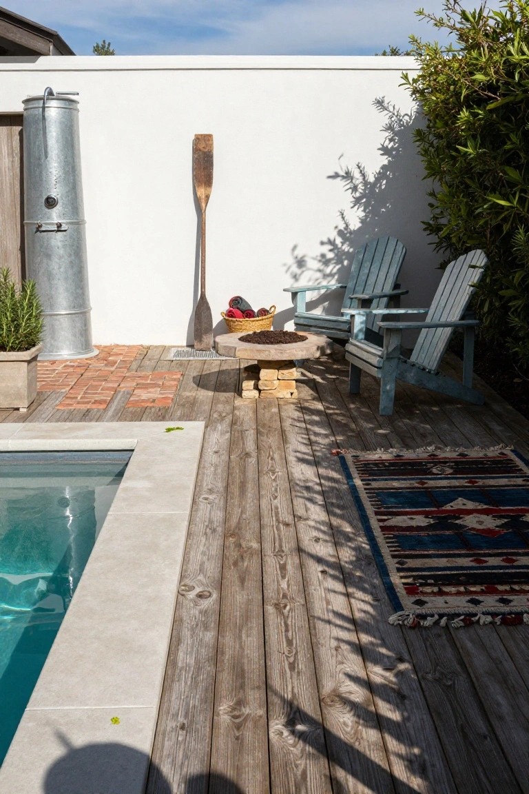 Weathered wooden deck beside a small rectangular pool with white stone coping, two turquoise Adirondack chairs around a low stone fire pit table holding firewood, a galvanized metal tub, potted rosemary, and a wooden oar on a white stucco wall with shrubs.