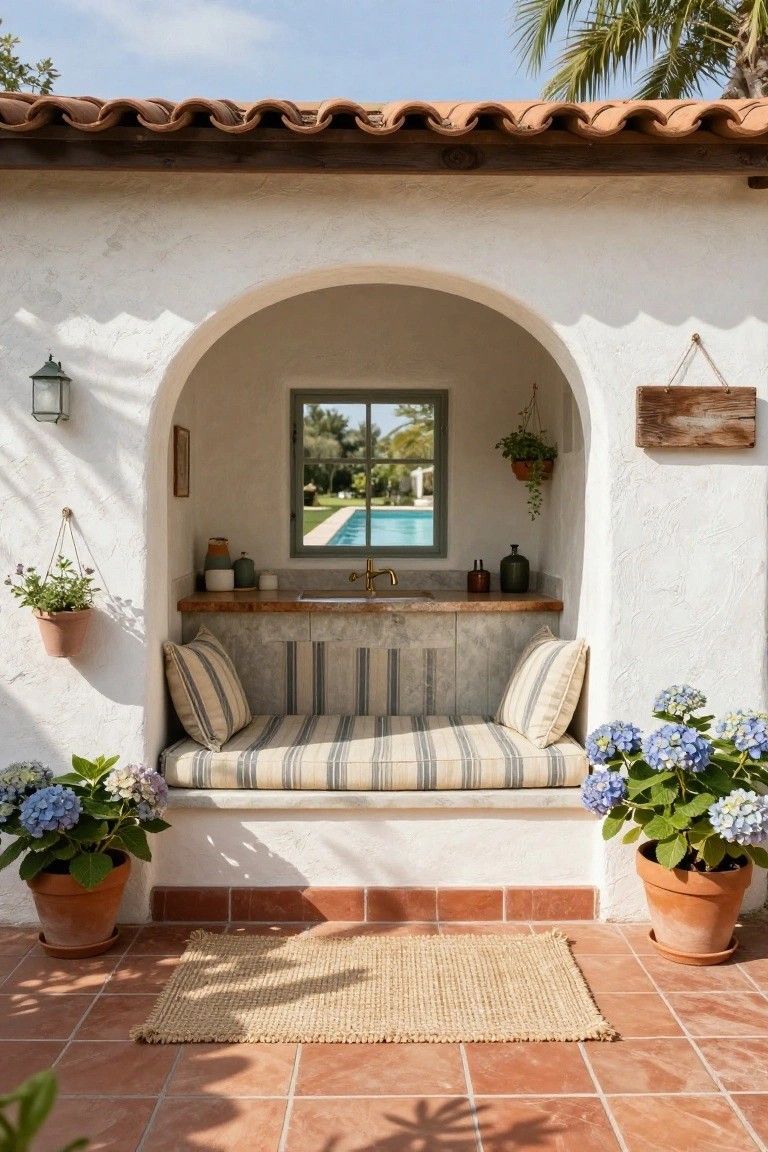 White stucco pool house alcove with arched opening containing cushioned striped bench, wooden sink counter, hanging plants, potted hydrangeas flanking the entrance, and window view of swimming pool, on terracotta tiled patio.