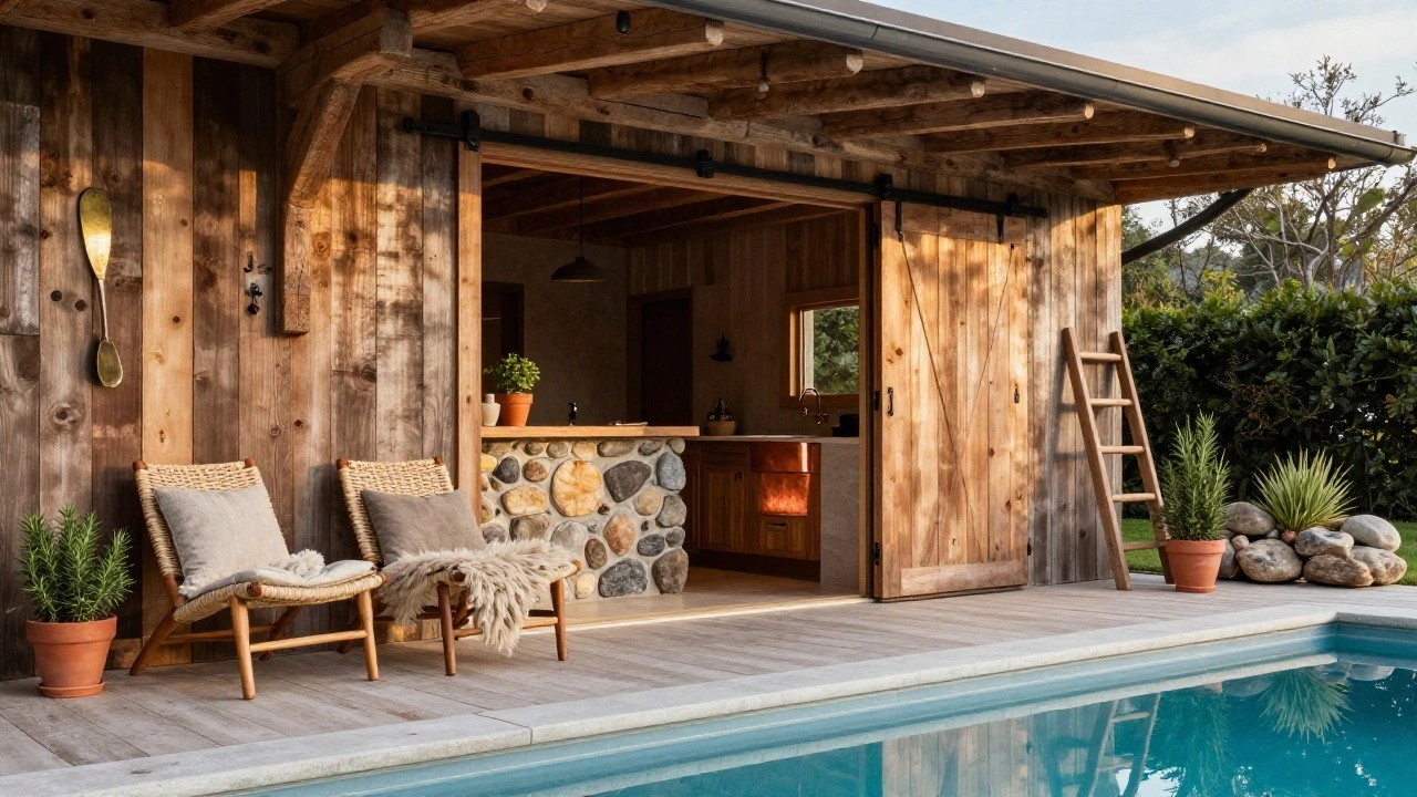 Rustic wooden pool house with open sliding barn doors next to a turquoise swimming pool, copper sink on stone pillar base inside, built-in bench with cushions, leaning ladder, potted plants, and wicker chaise lounge on wooden deck.
